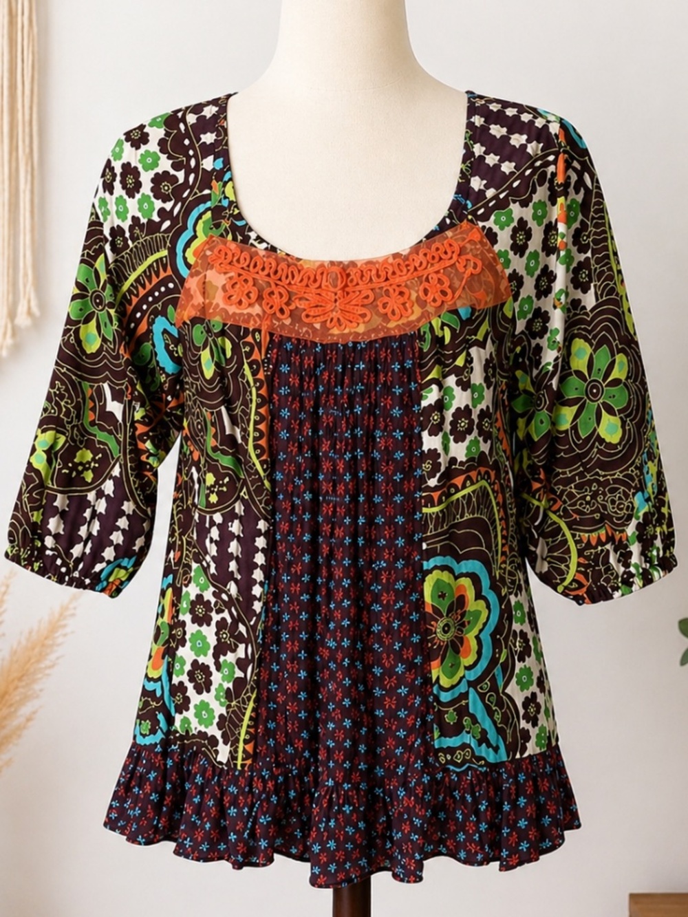 Boho Paisley Peasant Blouse Small Brown Green Orange Flowy Cottagecore Top